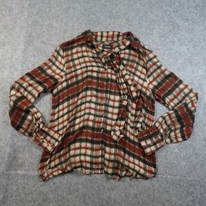 Ottod'Ame Top Womens 8 Button Front Tie Scarf Neck Plaid Blouse Red Black Tan